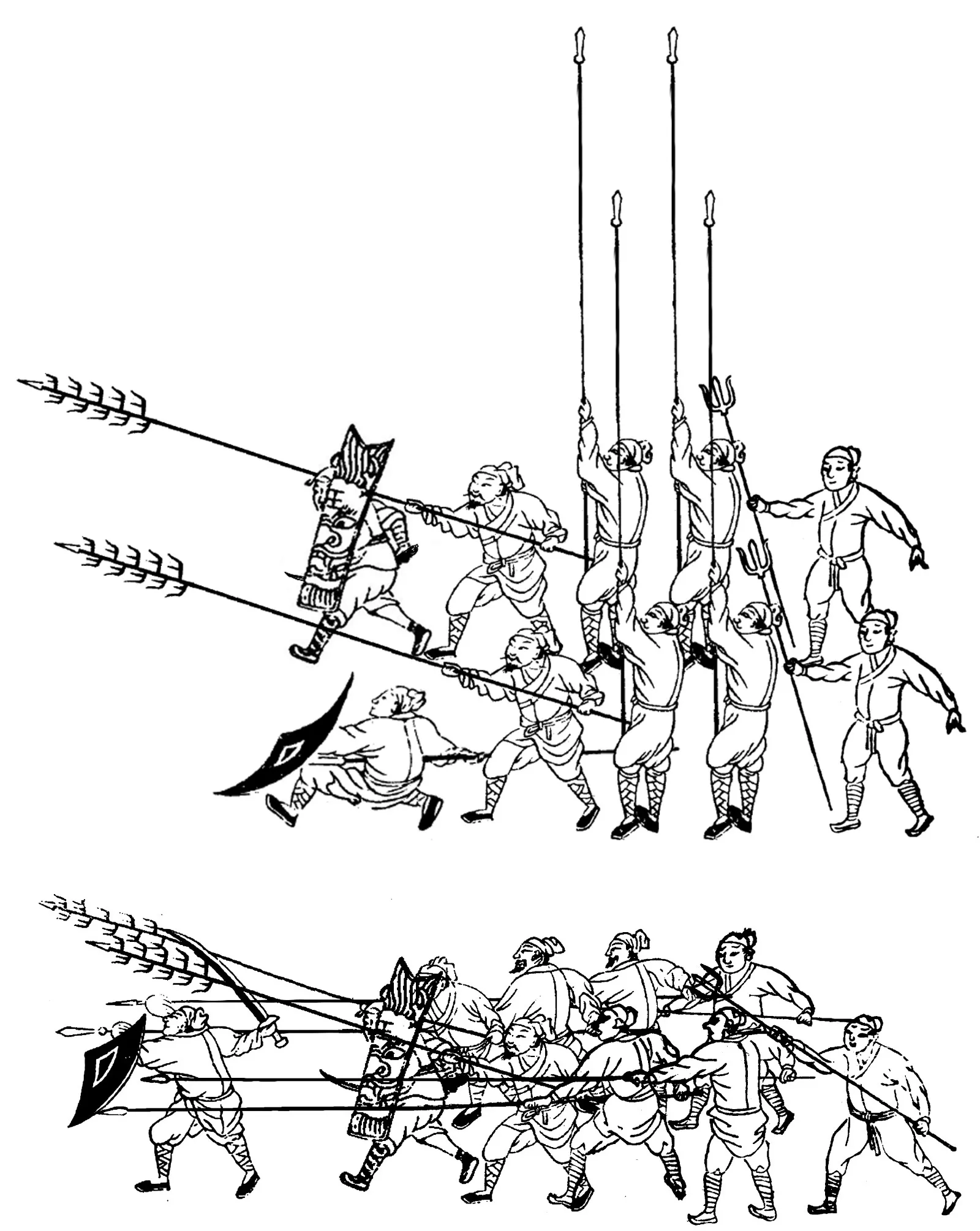 Formação Pato-Mandarim (鴛鴦陣), xilogravura do próprio Jixiao Xinshu. A obra é sobretudo um manual de táticas militares; o capítulo do punho é um só entre muitos.